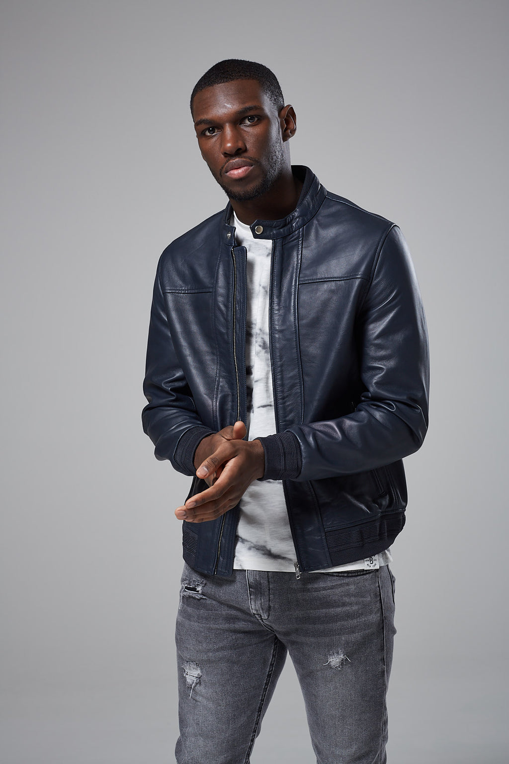 Navy Linen Leather Racer Jacket