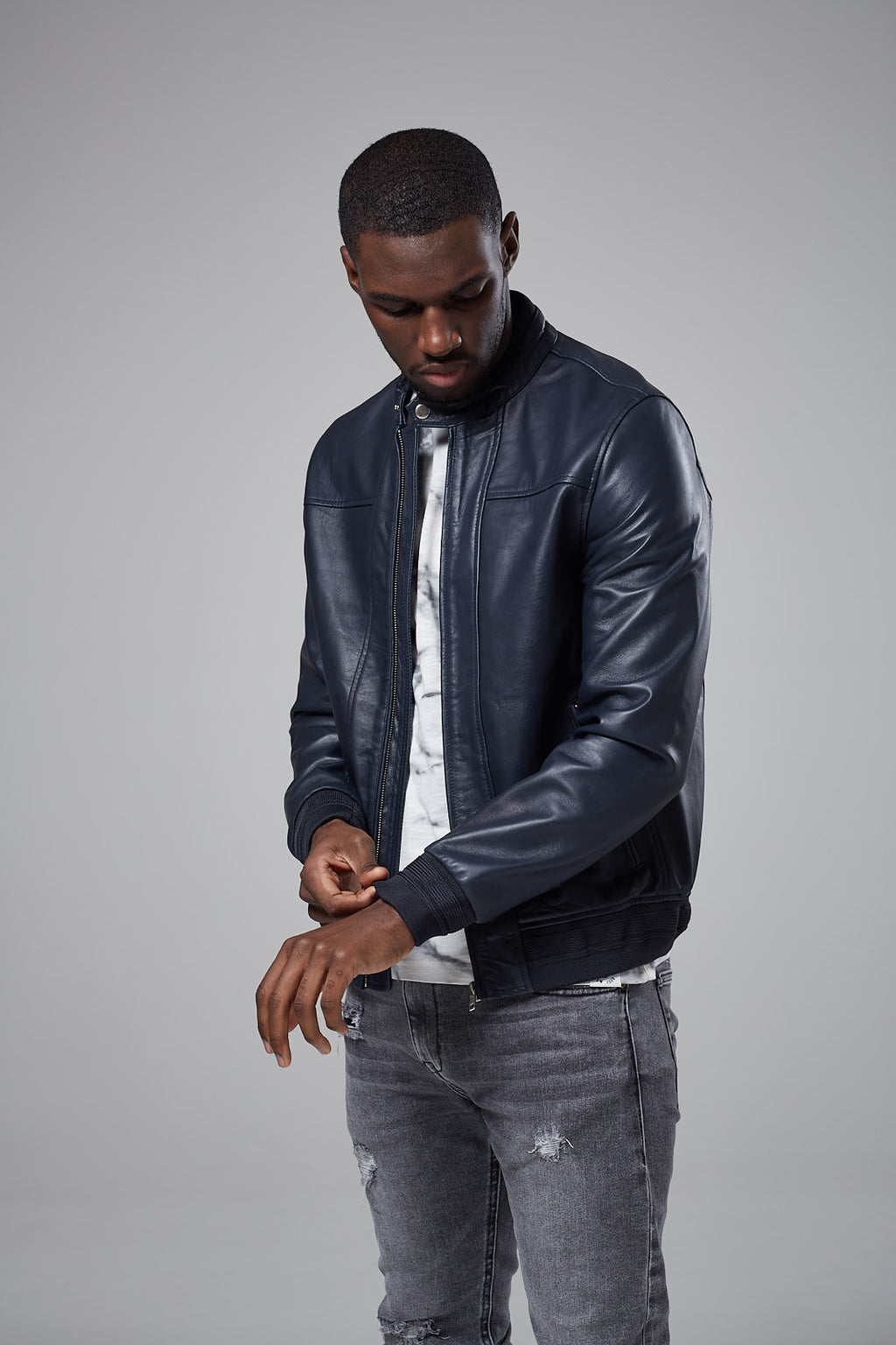 Navy Linen Leather Racer Jacket