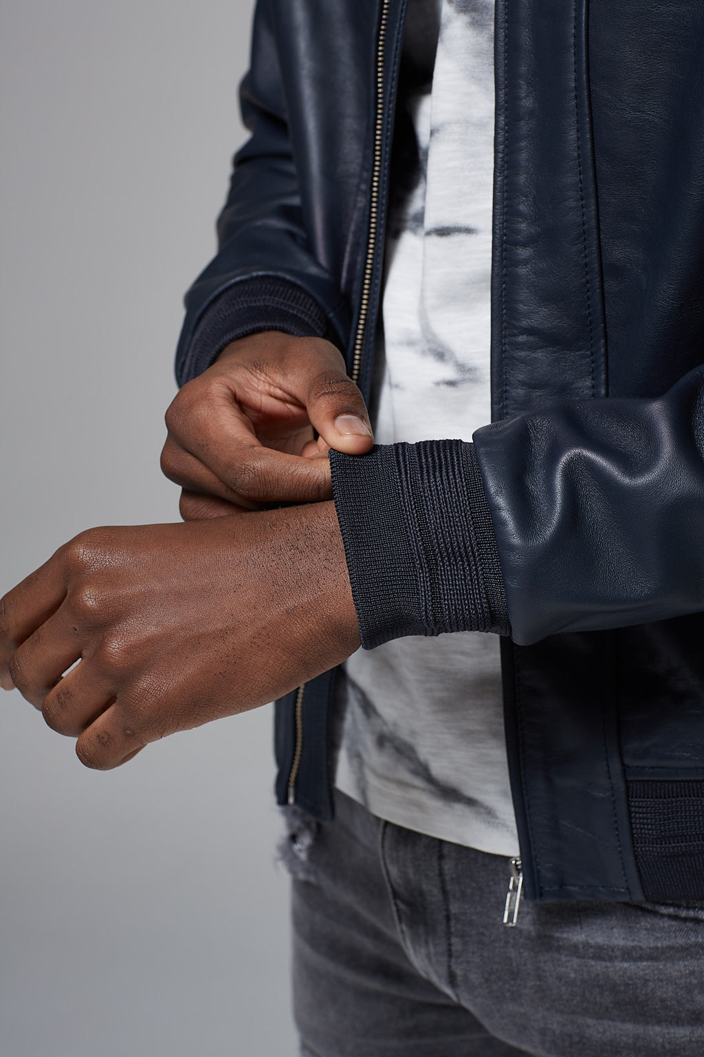Navy Linen Leather Racer Jacket
