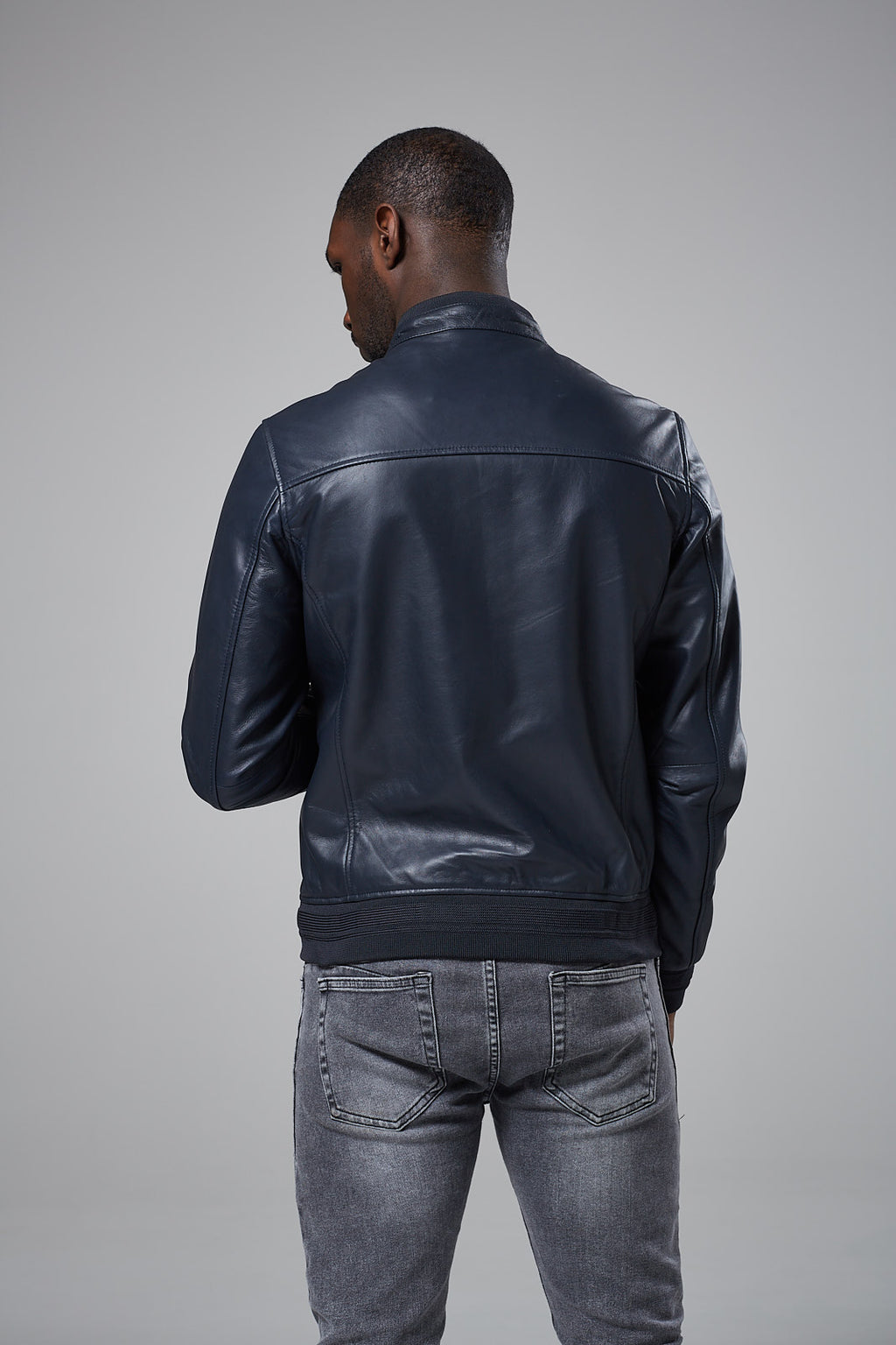 Navy Linen Leather Racer Jacket