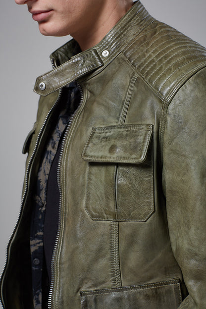 Real Leather Harrington Jacket - Green