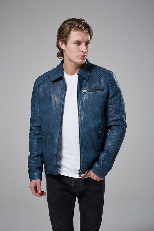 Real Leather Harrington Jacket - Blue