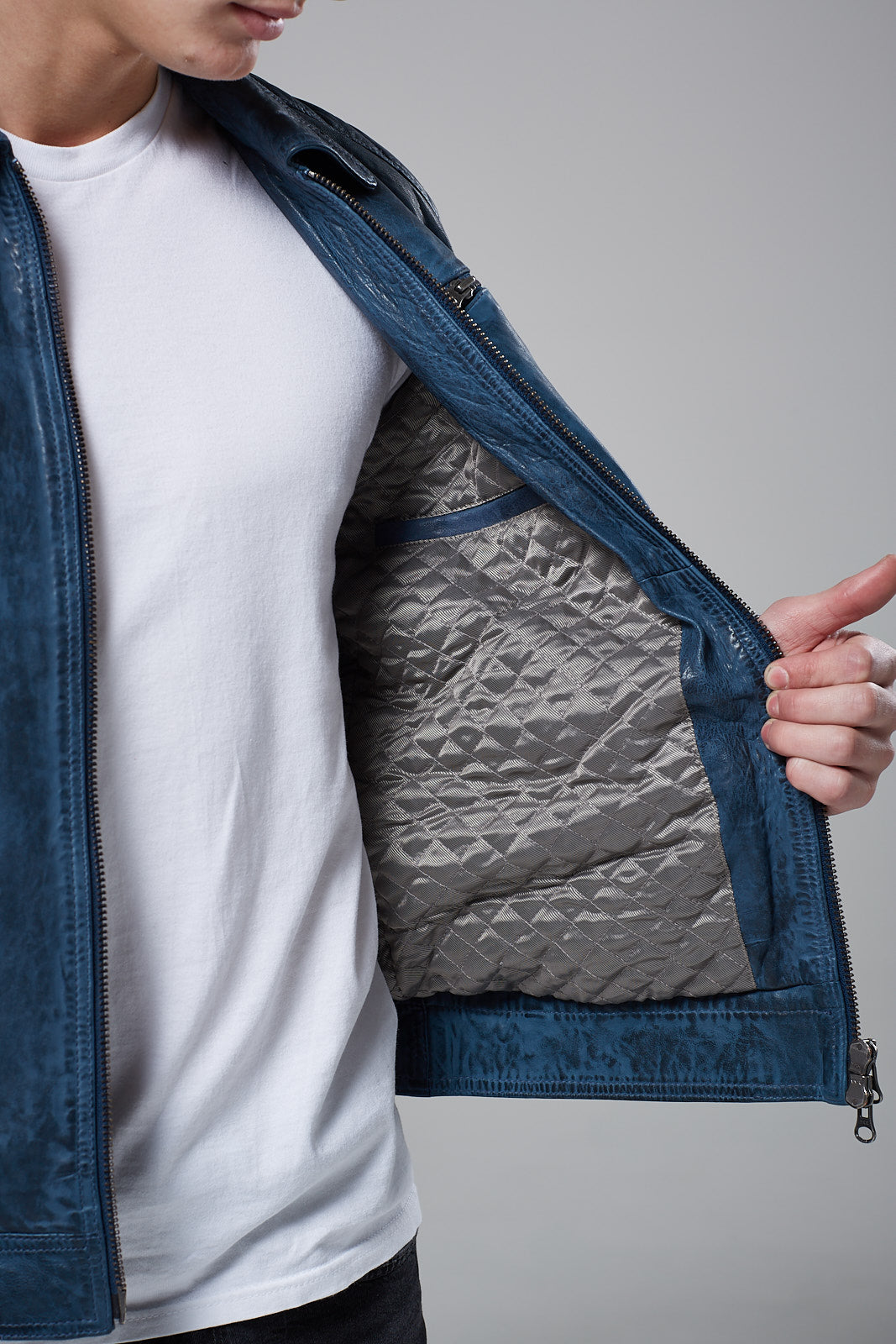 Real Leather Harrington Jacket - Blue