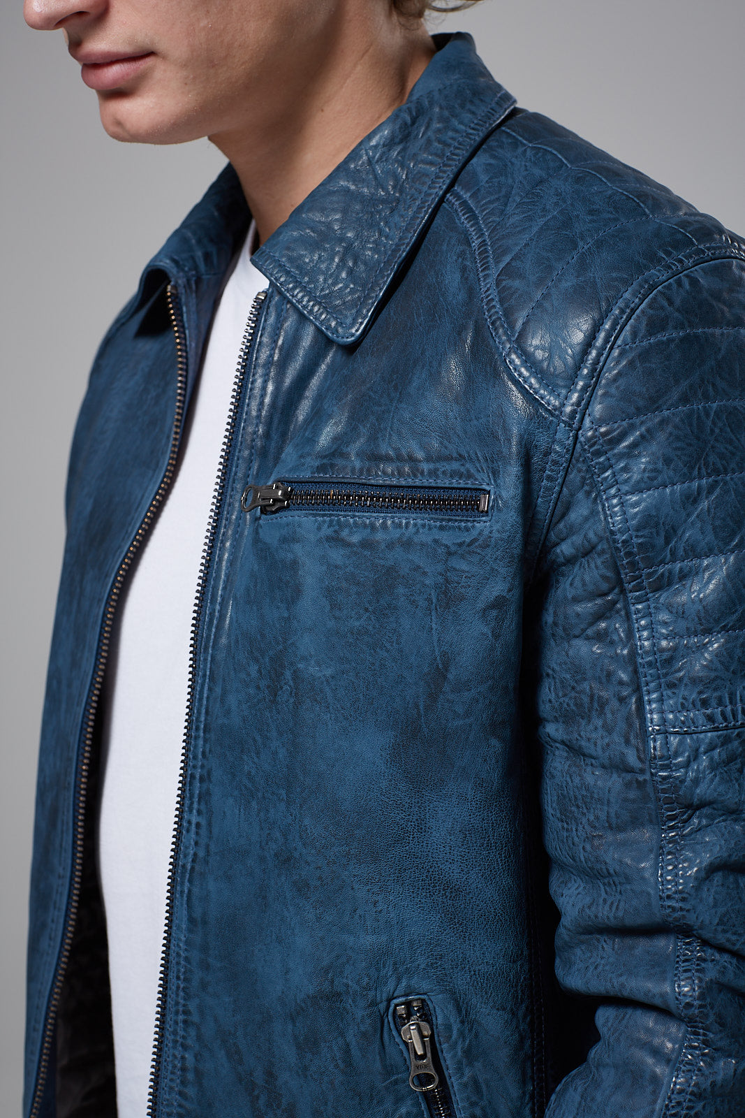 Real Leather Harrington Jacket - Blue