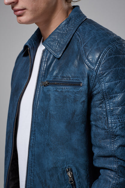 Real Leather Harrington Jacket - Blue