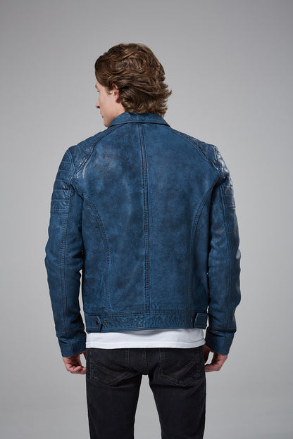 Real Leather Harrington Jacket - Blue