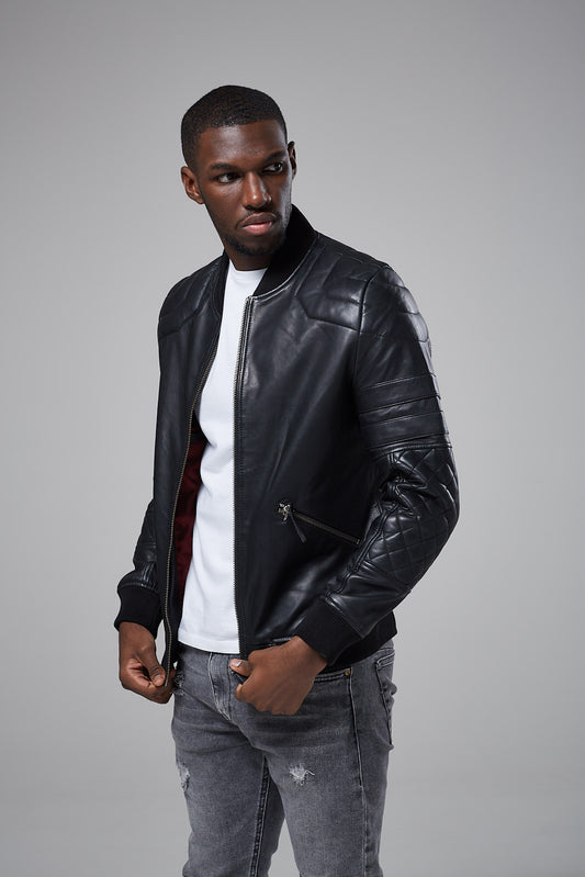 Real Leather Quilted Bomber Jacket