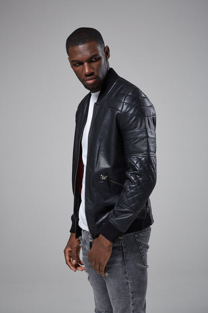 Real Leather Quilted Bomber Jacket