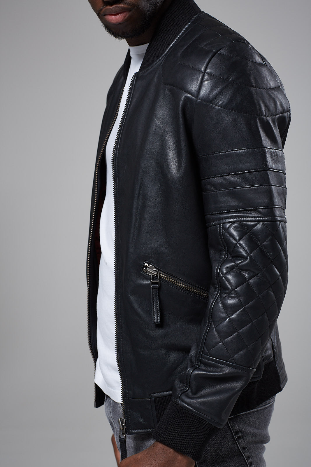 Real Leather Quilted Bomber Jacket