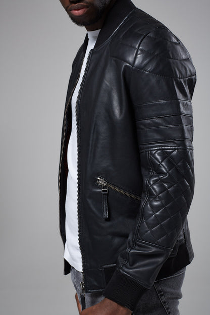 Real Leather Quilted Bomber Jacket
