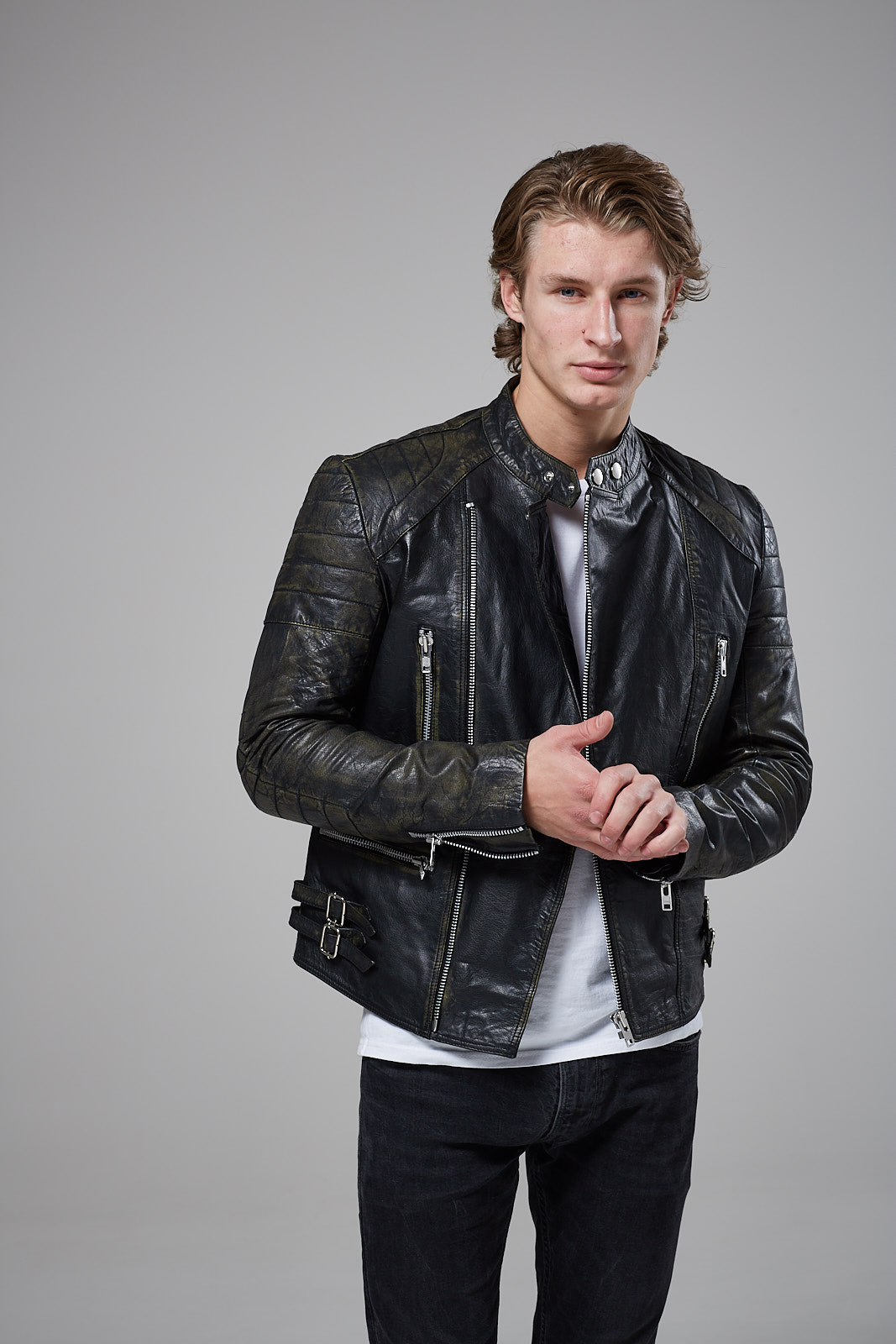 Real Leather Men's Biker Jacket (StarDust)